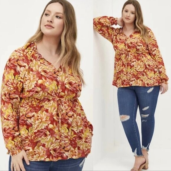 Torrid Tops - TORRID Rust Floral Print Ester Long Sleeve Peasant Top Size 2 NWOT
